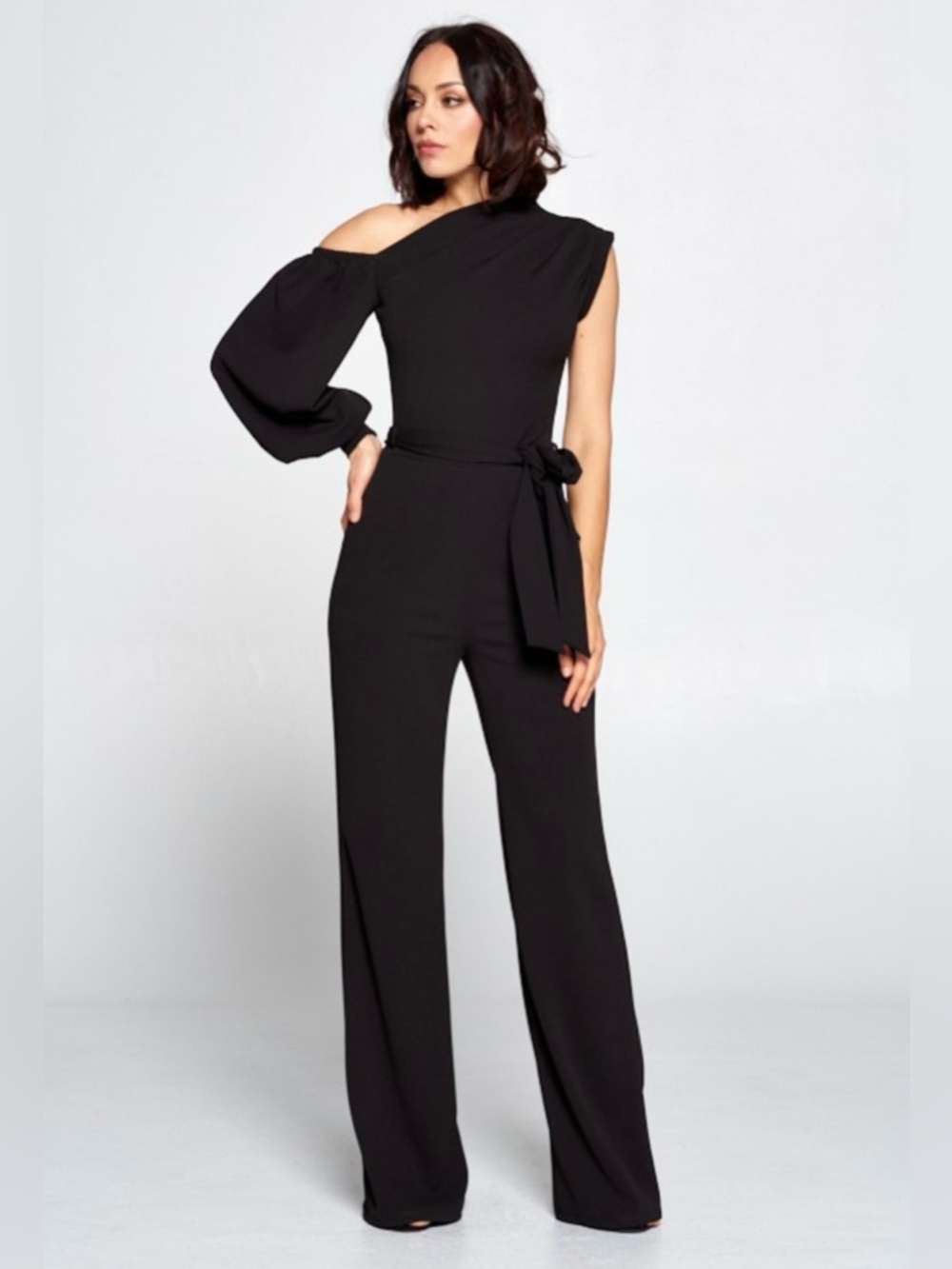Women’s Black One-Shoulder Jumpsuit with Tie Waist